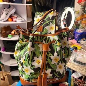 Dooney & Bourke Black Floral Drawstring Bucket Bag with Tan Trim 3 piece set